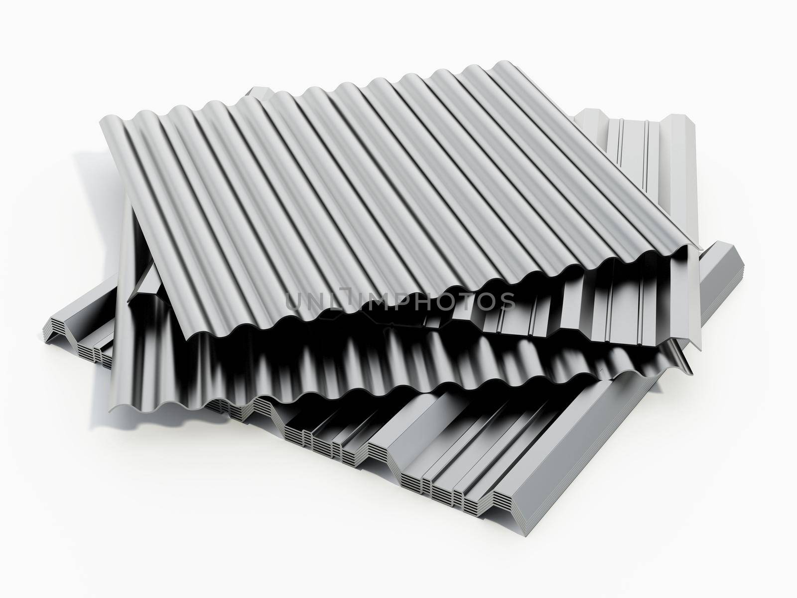 Corrugated metal sheets isolated on white background. 3D illustration by Simsek