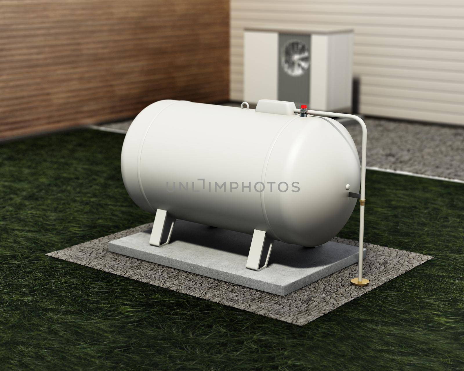 Propane tank in the garden of a house. 3D illustration.