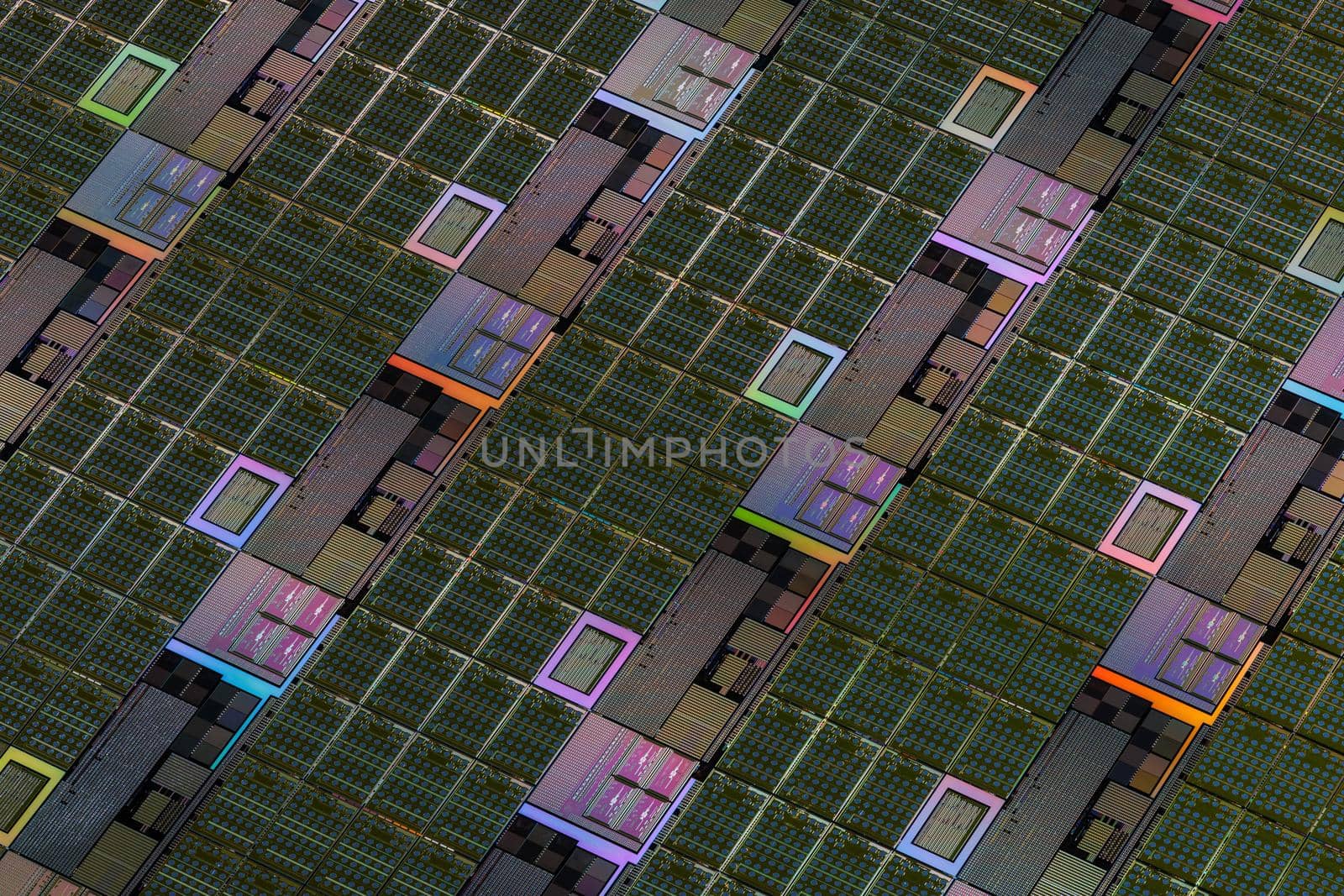 Silicon monocrystalline wafer with microchips after photolithography etching manufacturing used in fabrication of electronic integrated circuits. Full-frame high-tech macro background.