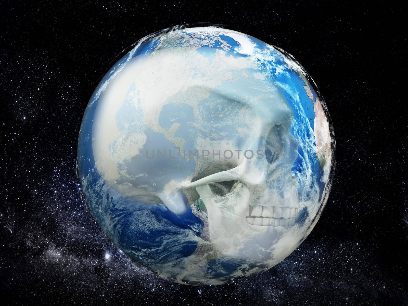 Skull on the earth in skull. 3D illustration by Simsek