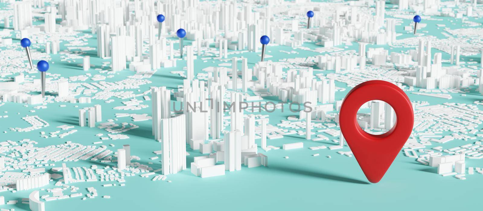 Location sign and pin on city plan 3D render by Myimagine