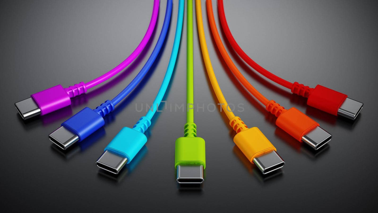 Colorful type C usb cables on dark background. 3D illustration.