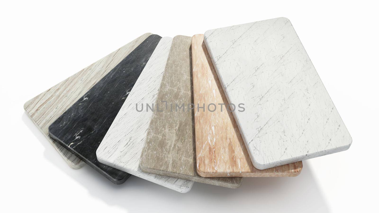 Natural stone samples with various texture options. 3D illustration by Simsek