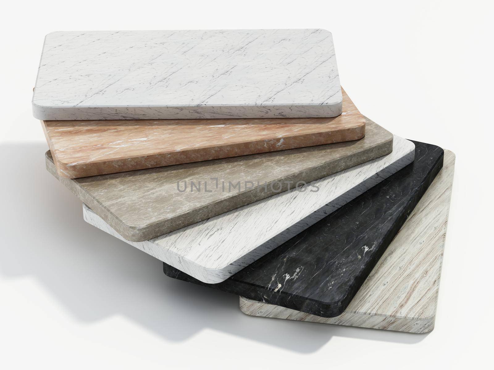 Natural stone samples with various texture options. 3D illustration.