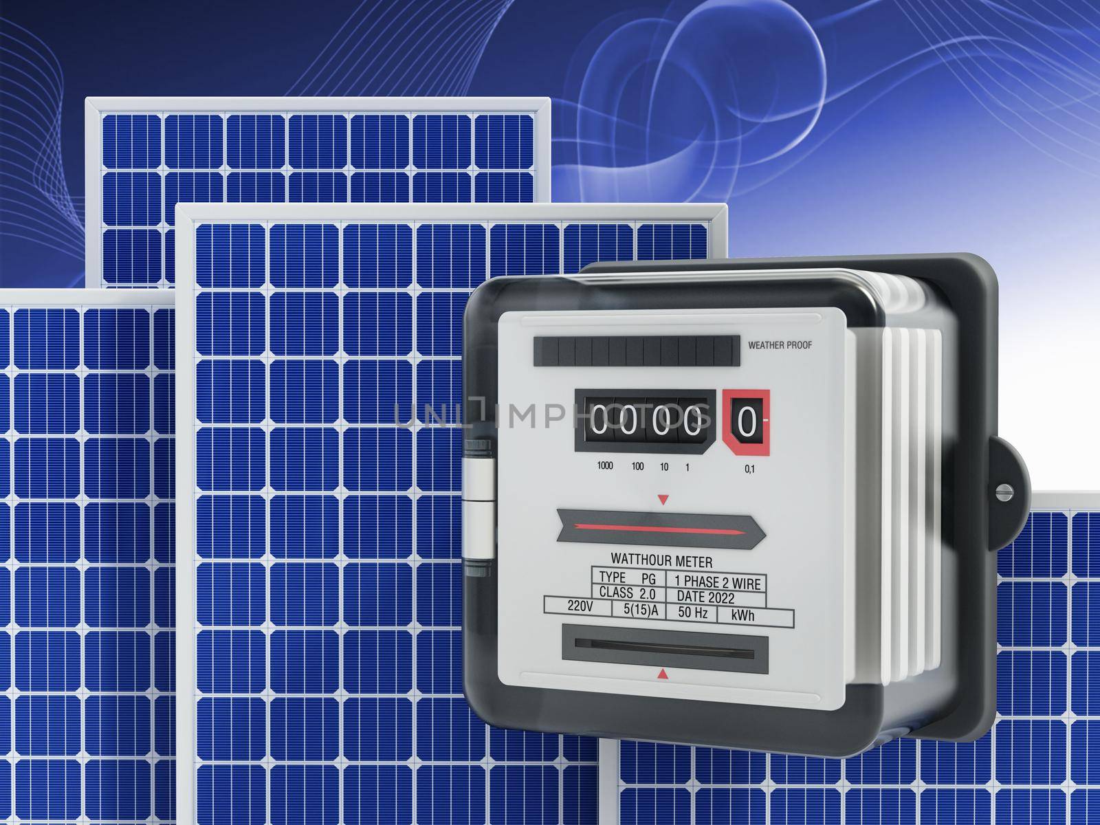 Solar panels and electricity meter on blue background. 3D illustration by Simsek