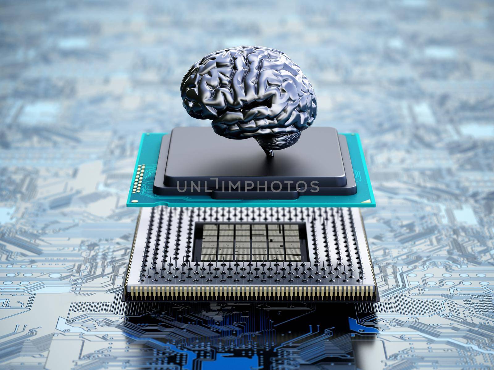 Chrome brain on the CPU installed on the mainboard. 3D illustration by Simsek