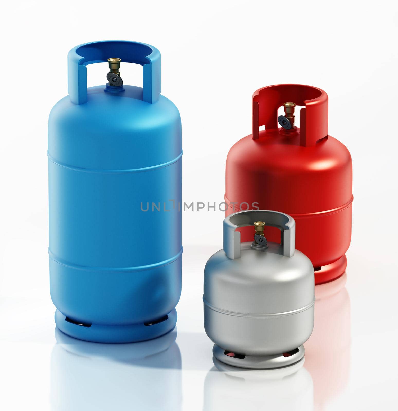 Various sized gas cylinders isolated on white background. 3D illustration.