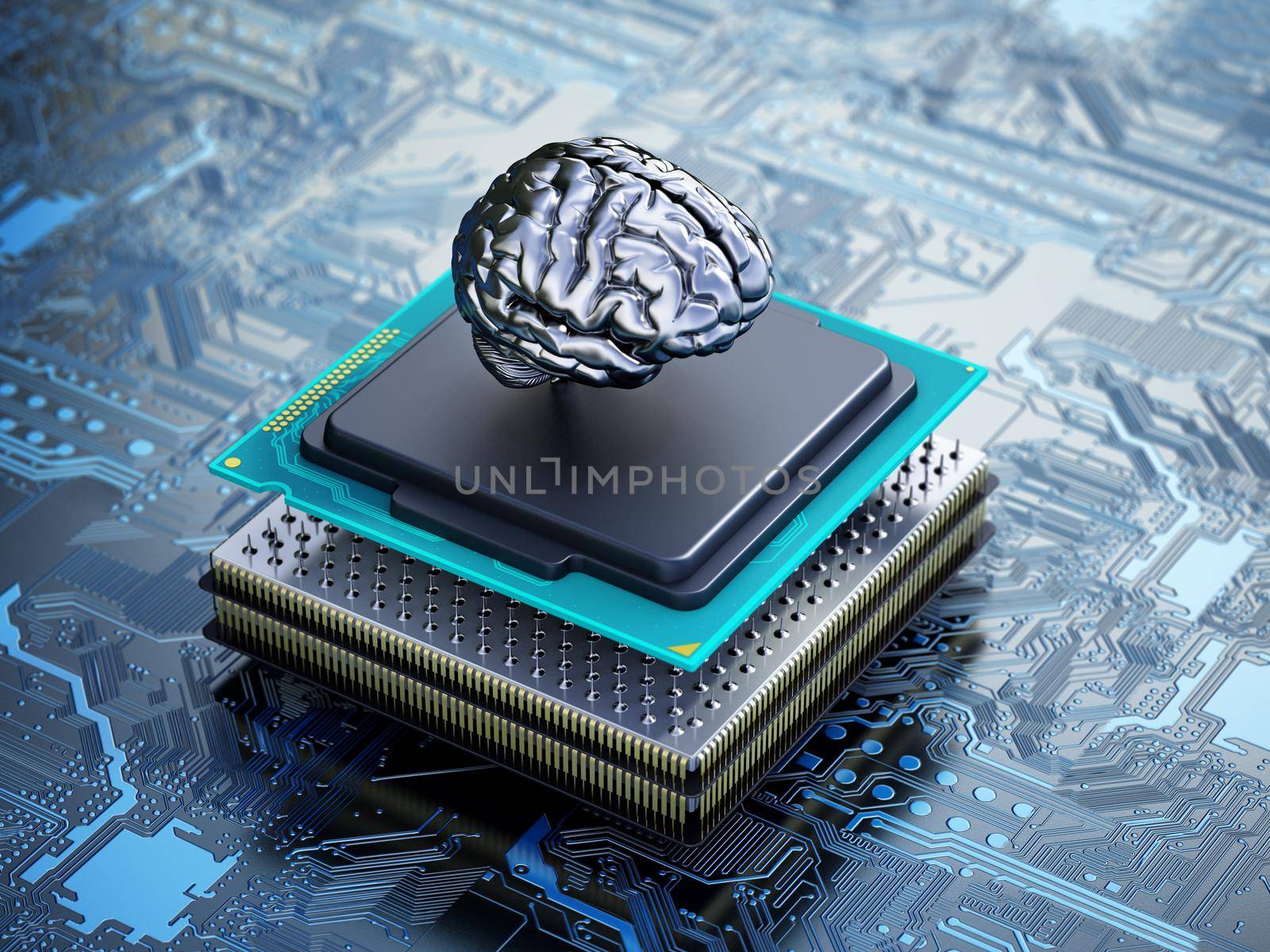 Chrome brain on the CPU installed on the mainboard. 3D illustration by Simsek