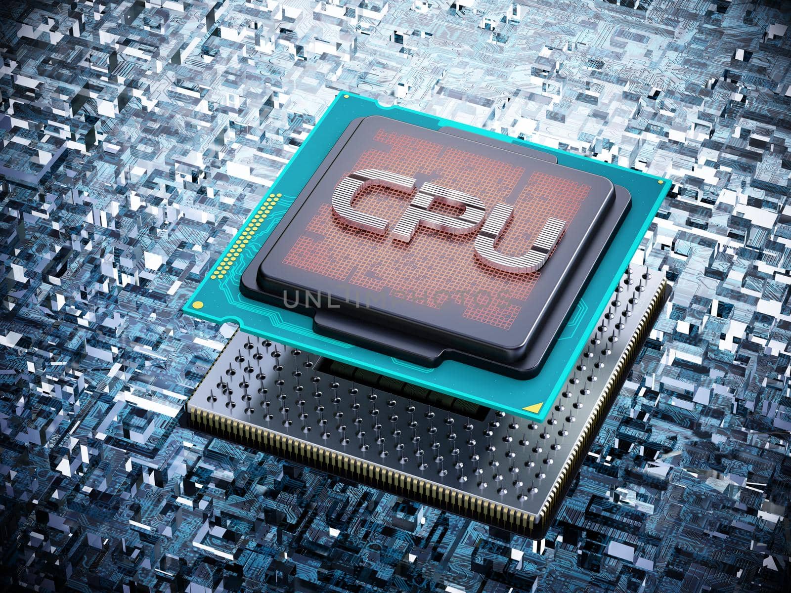 Generic CPU on the mainboard. 3D illustration.