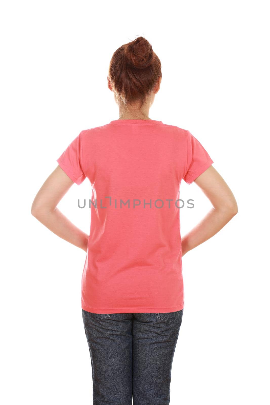 female with blank t-shirt (back side) isolated on white background