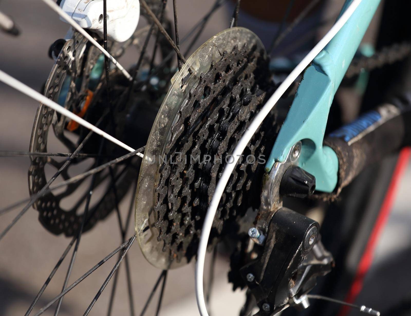 close-up of Bicycle gears and rear derailleur