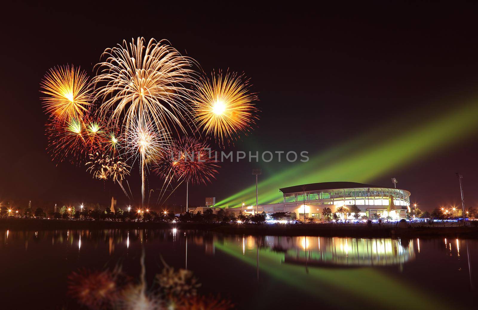 beautiful firework over stadium with sky at night