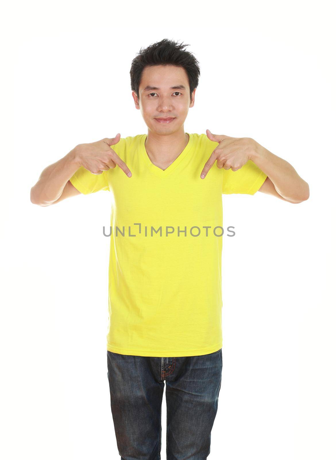 man with blank yellow t-shirt isolated on white background