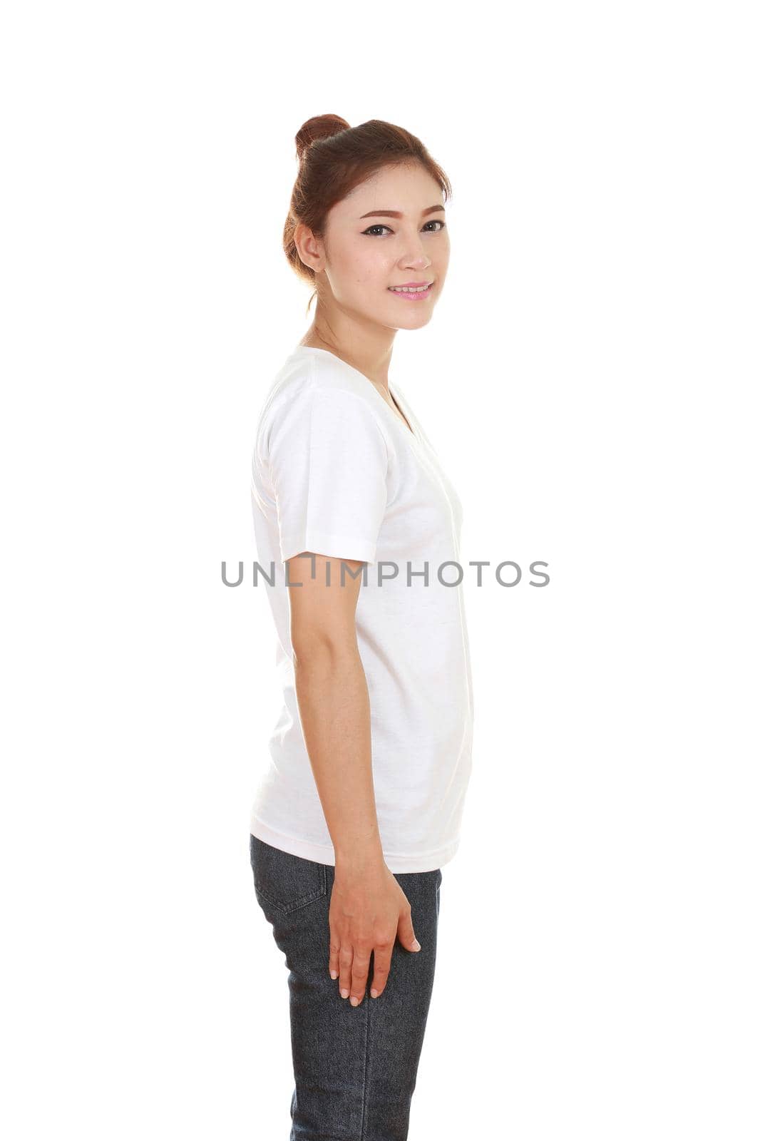 young beautiful female with t-shirt (side view) isolated on white background