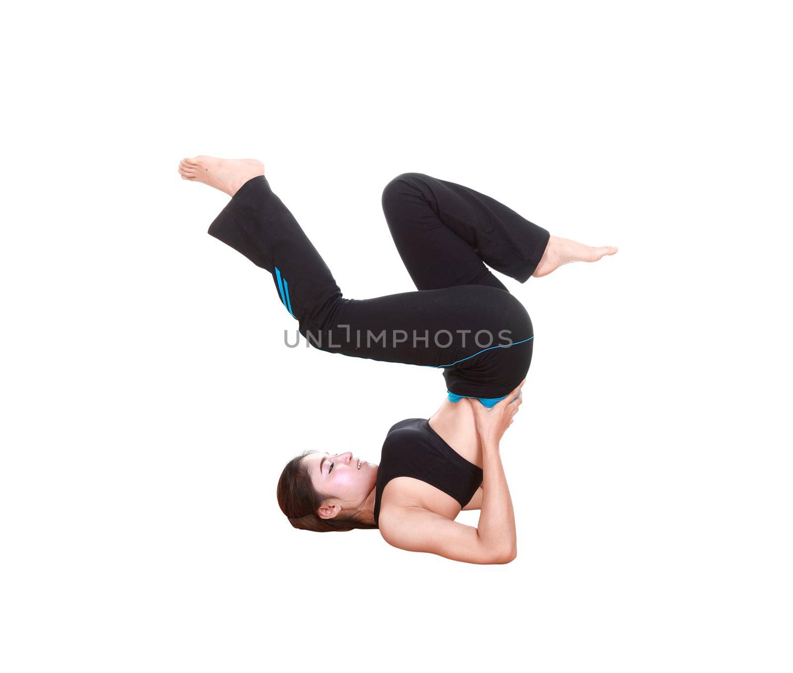 Young woman doing yoga exercise isolated on white background