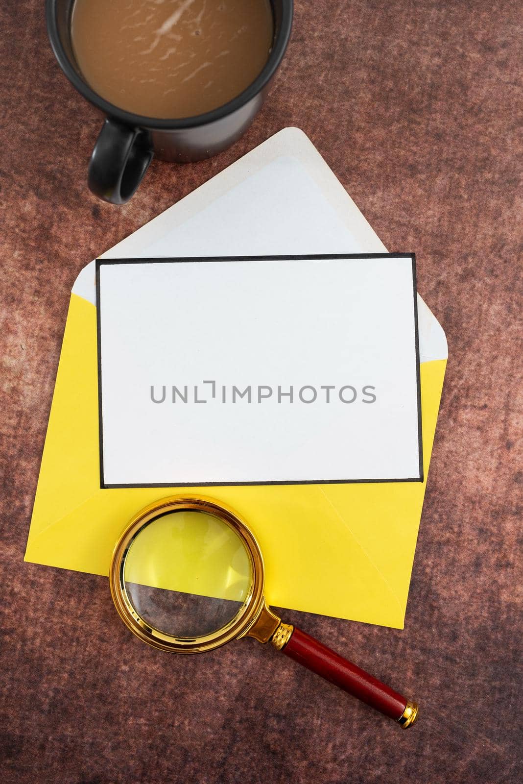 Blank Letter With Color Envelope, Magnifying Glass And Coffee Mug On Table. It Is Presenting Important Strategies And Crucial Message For Progress Of The Business. by nialowwa