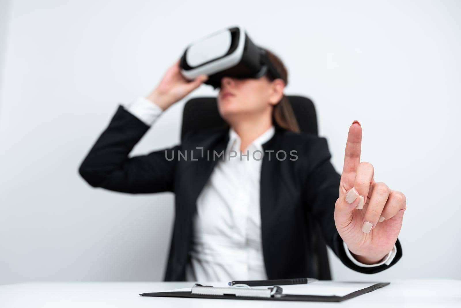 Woman Wearing Virtual Reality Simulator During Professional Training.