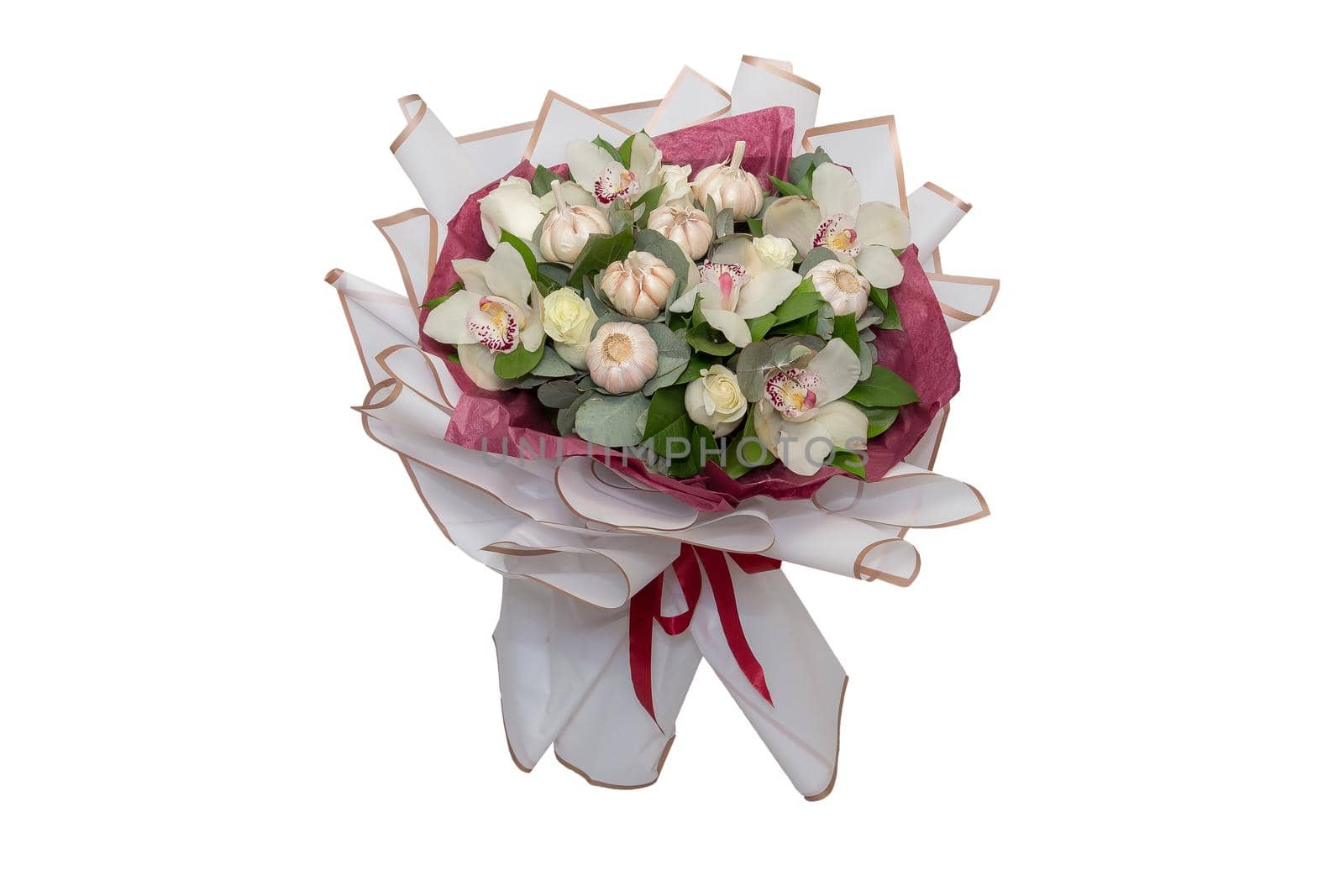 Delicate and light, packed and with tape. Festive congratulatory bouquet on a white isolated background.