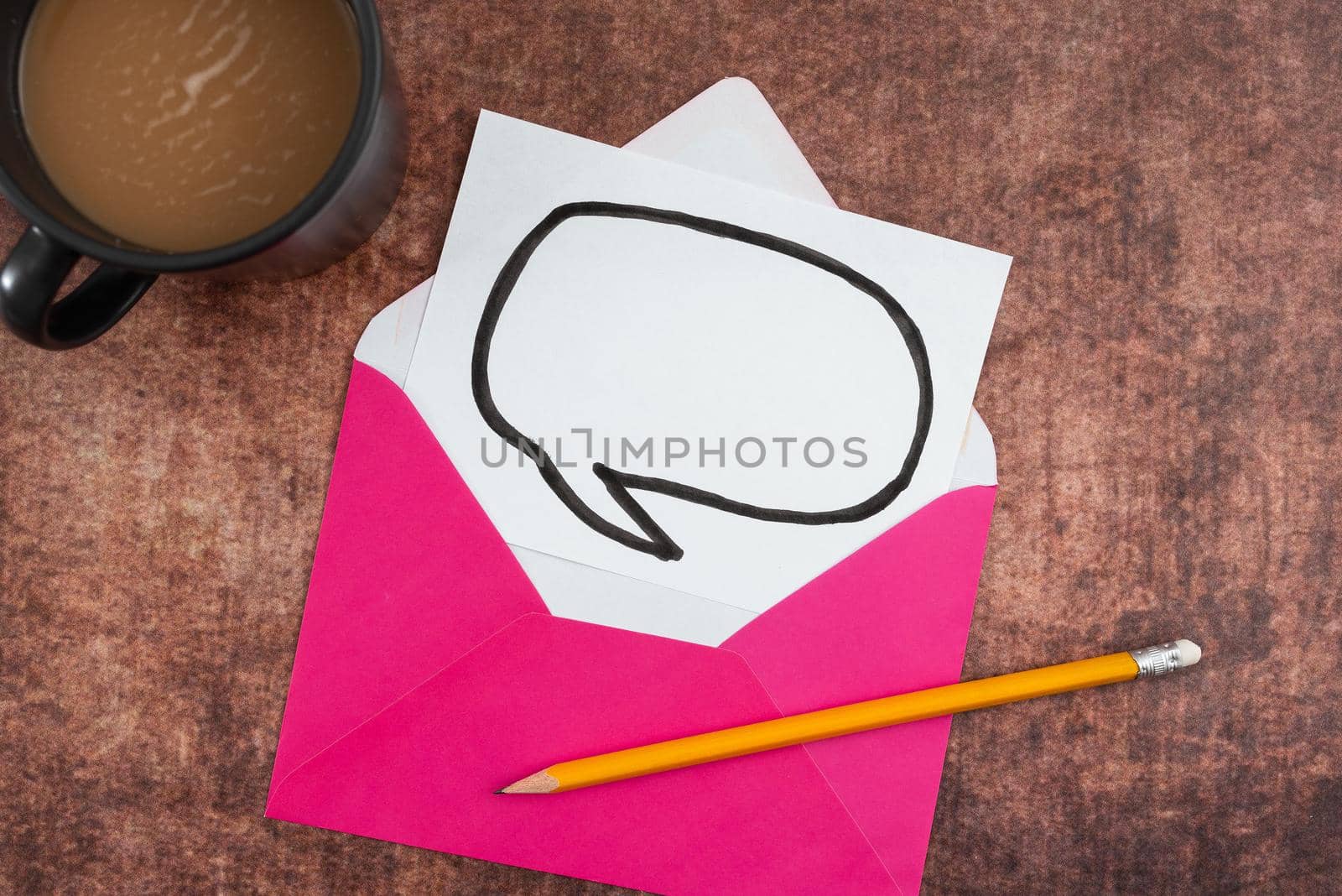 Blank Paper In Thought Bubble Shape With Envelope, Pencil And Coffee Mug Place On Table. It Is Representing New Ideas And Marketing Strategies For Achieving Business Goals. by nialowwa