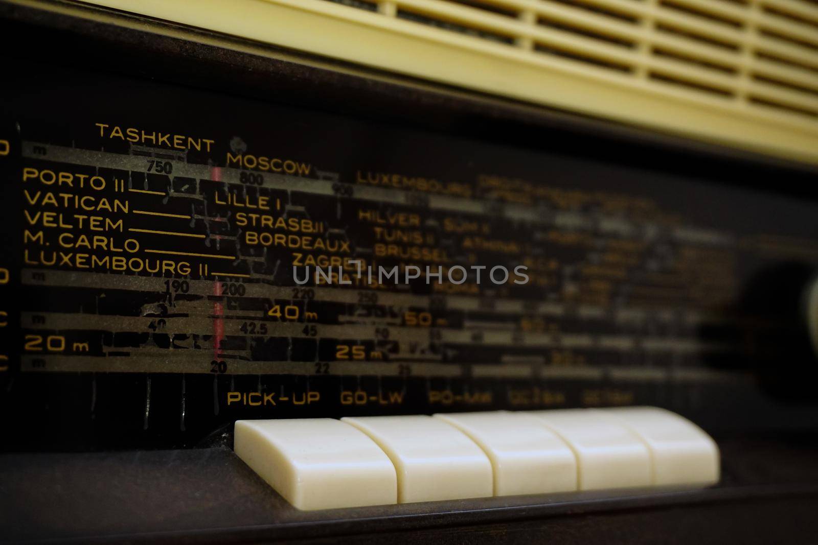 Vintage long wave radio face close up view
