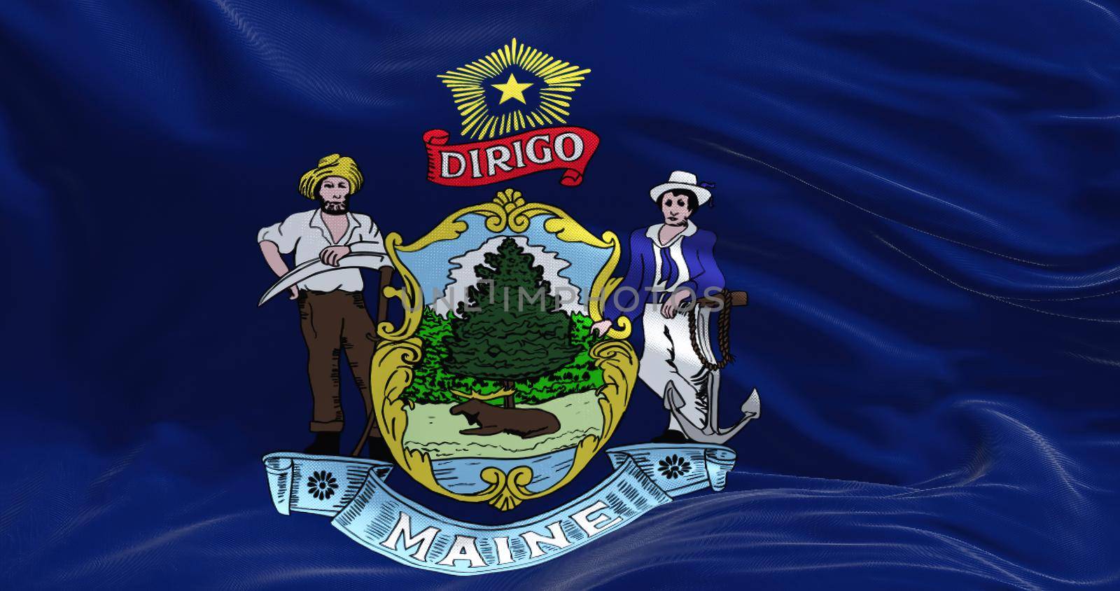 The US state flag of Maine waving in the wind. Maine is a state in the New England region of the United States. Democracy and independence.