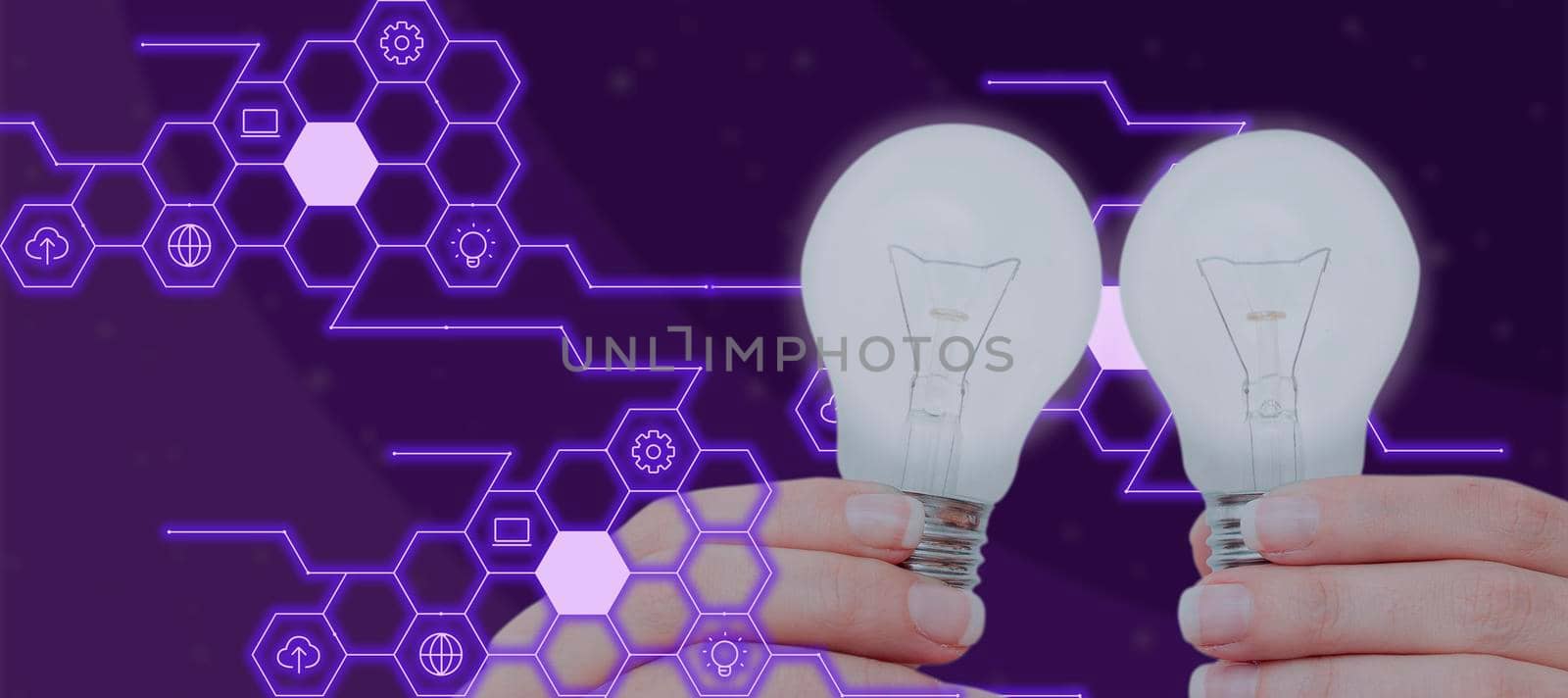Woman Holding Light Bulbs By Graphical S And Hexagon Shape.