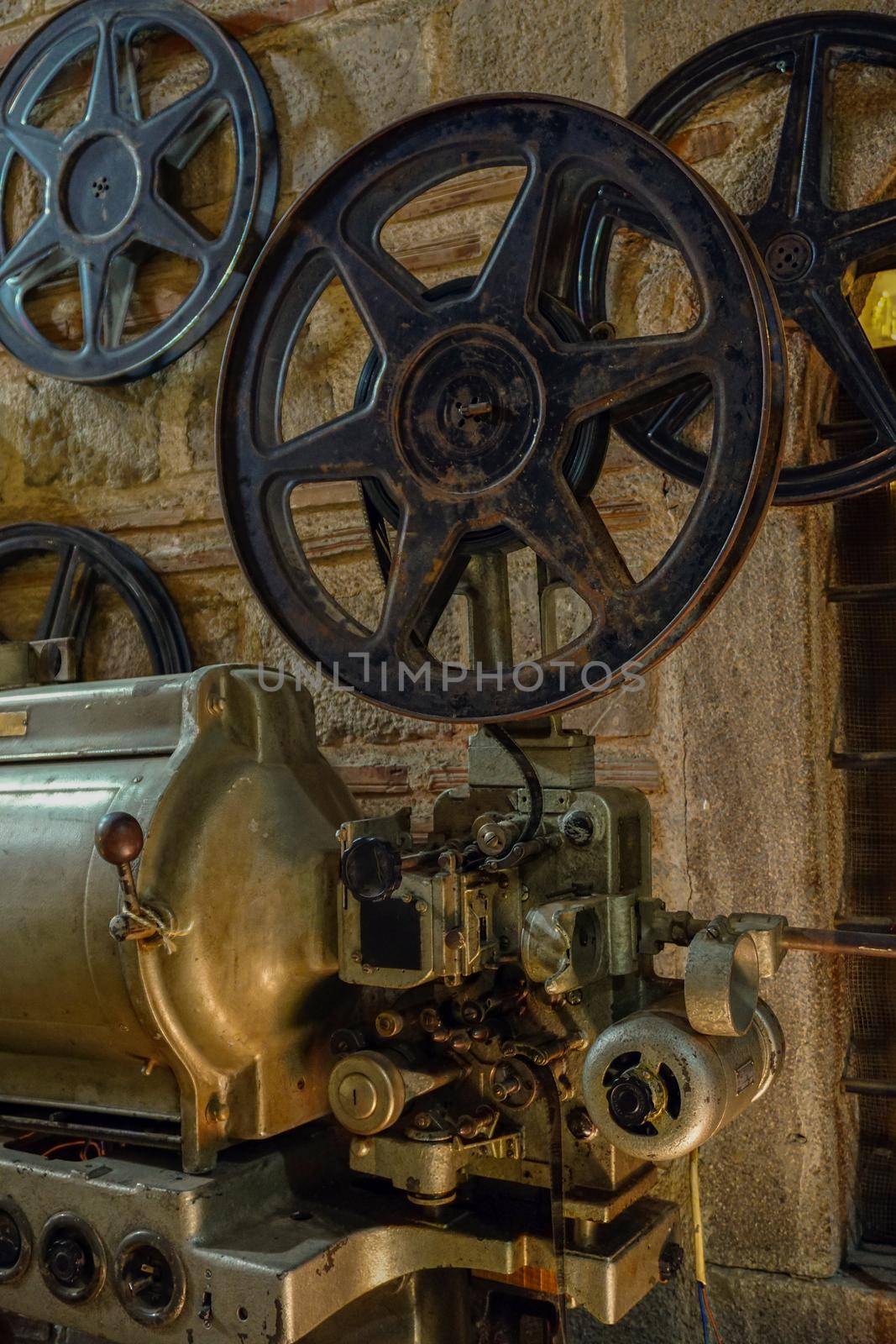 Vintage cinematograph machine close up view