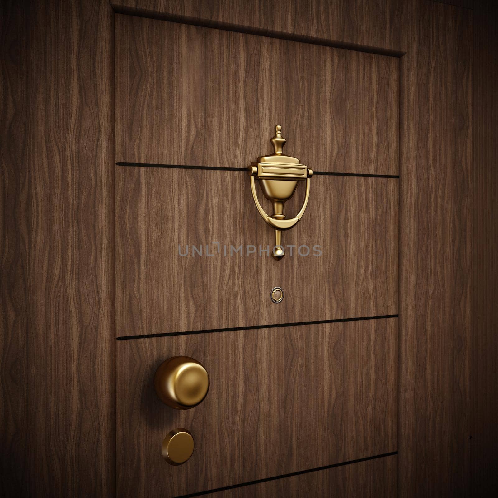 Golden door knocker on wooden door. 3D illustration.