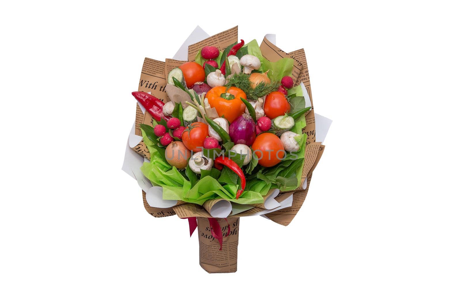 Festive bouquet of different vegetables wrapped with Kraft paper on an isolated background. by gelog67