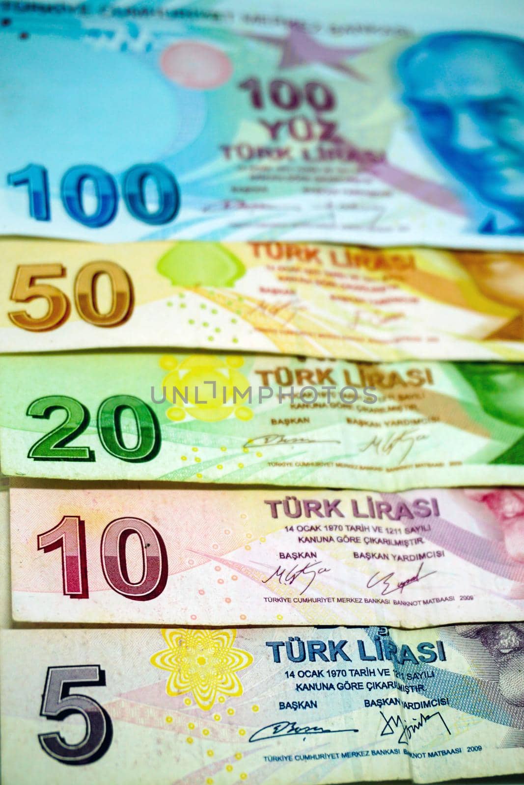 Turkish lira banknotes calculator bills and tax calculations on isolated background by tasci