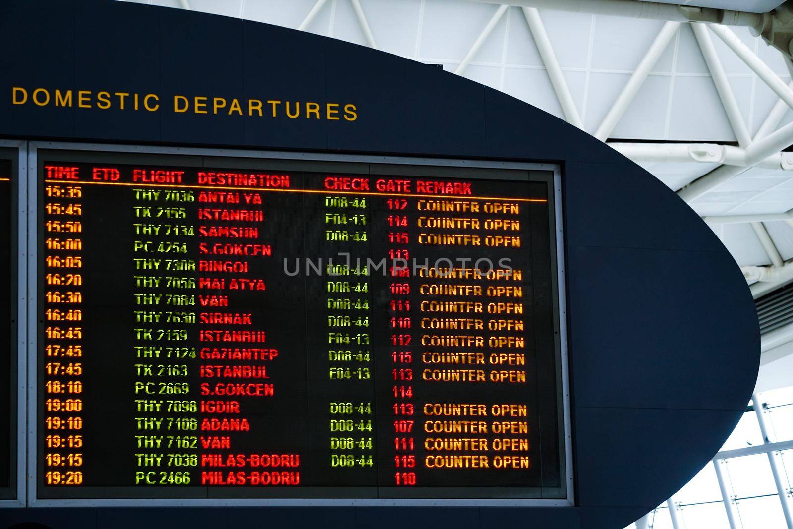 7 May 2022 Ankara Turkey. Led departure chart board at Esenboga airport in Ankara Turkey