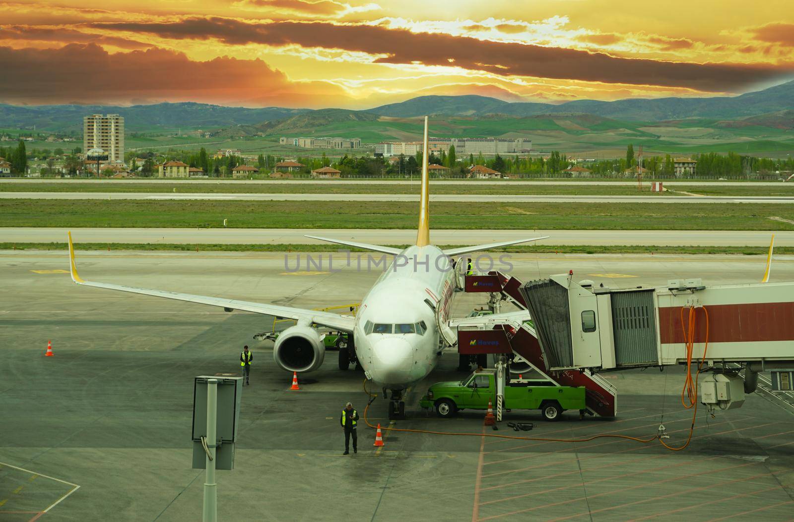 7 May 2022 Ankara Turkey. Boarding Pegasus airlines plane with ramp on Esenboga airport