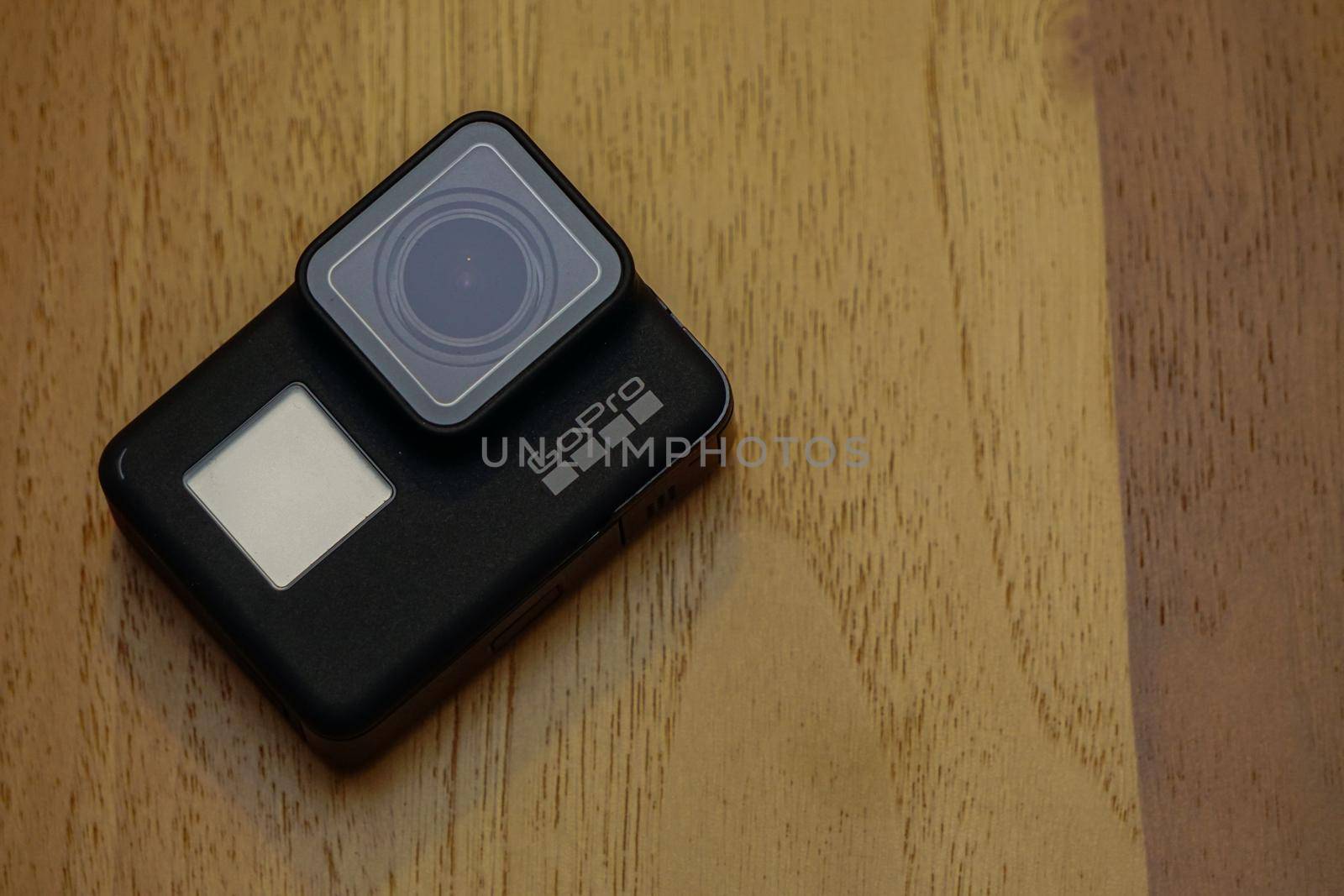 16 May 2019 Eskisehir, Turkey. Gopro 7 black assorted accessories on wooden background;