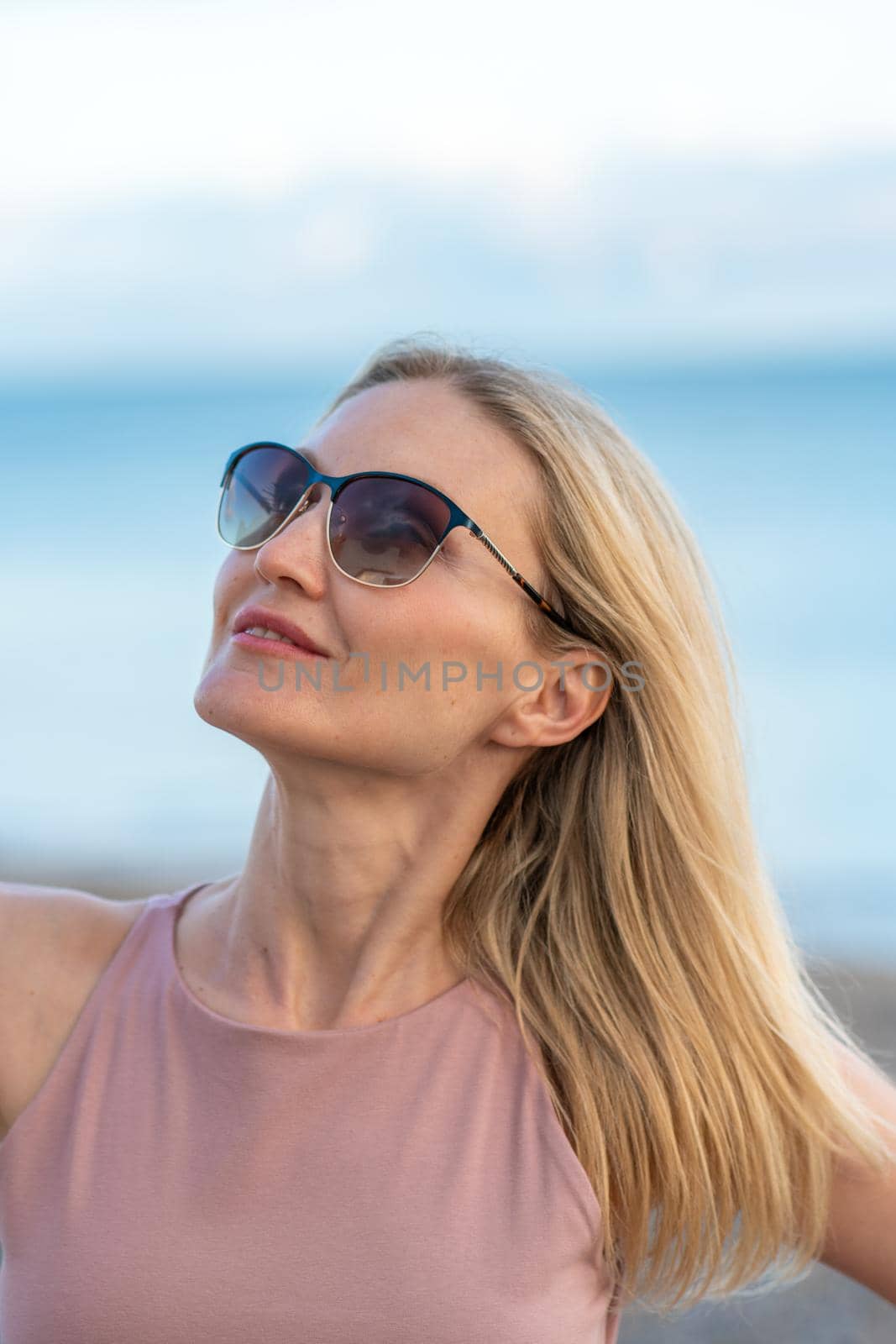 Woman glasses sea river happy girl hair selfie street outdoor, concept person tourist from attractive from lifestyle enjoying, beauty casual. Urban photo elegant,