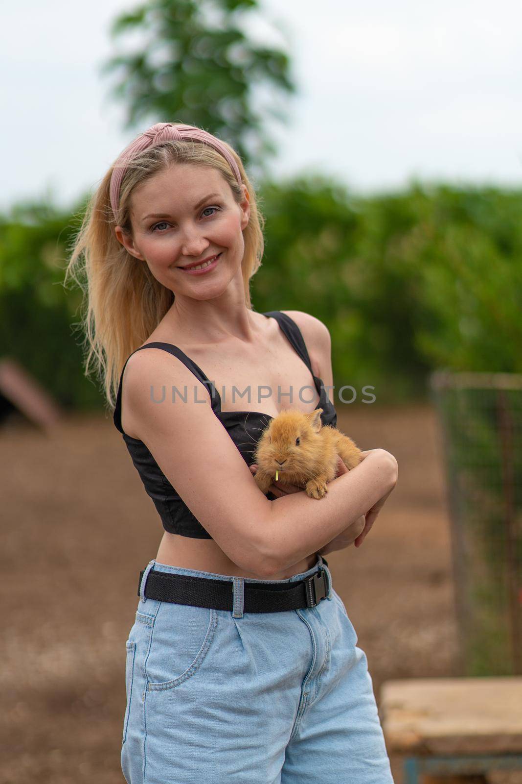 Rabbit girl holding cute easter bunny furry friendship beautiful happy, for love white from small from spring rodent, outdoor adorable. Ears face,