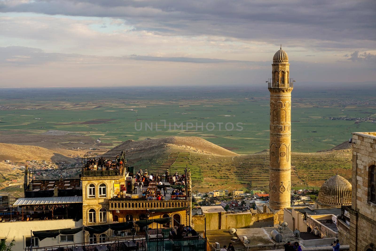 Artuklu Mardin, Turkey 7 May 2022 Mardin landscape at sunset with minaret of Ulu Cami, also known as Great mosque of Mardin