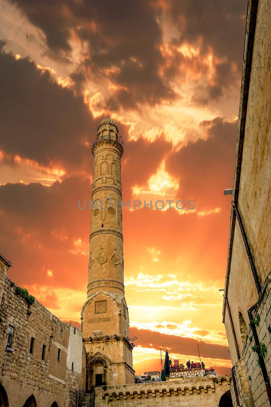 Artuklu Mardin, Turkey 7 May 2022 Mardin landscape at sunset with minaret of Ulu Cami, also known as Great mosque of Mardin