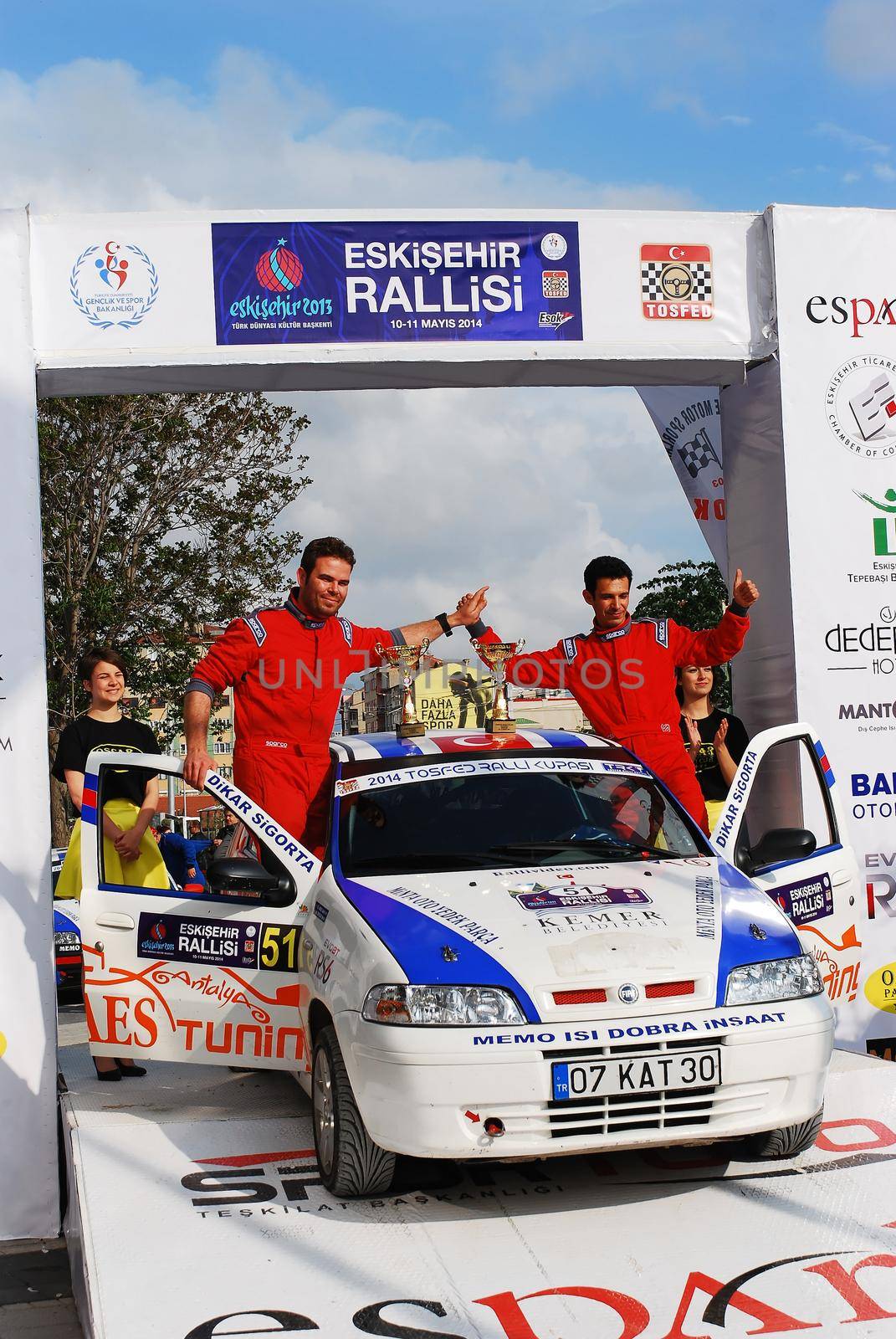 11 May 2013, Eskisehir Turkey. Eskisehir Rally Competitors on the finish tag celebrating by tasci