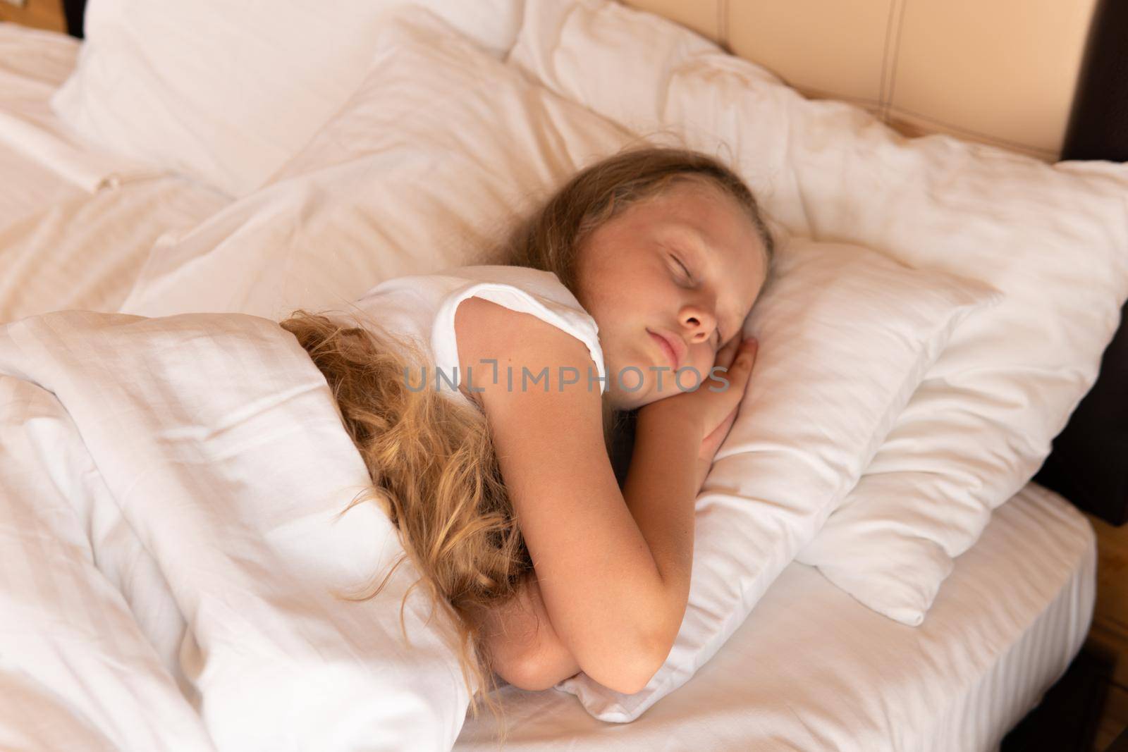Sleep mobile beautiful phone young girl bed blanket eyes lying, from white relax for people and calm bedding, room relaxation. Face serene day,