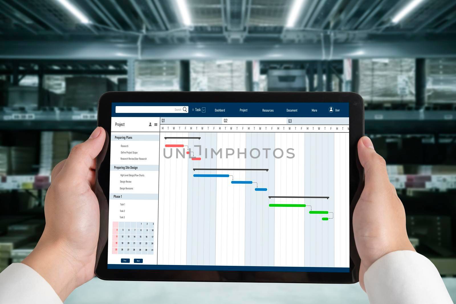 Project planning software for modish business project management on the computer screen showing timeline chart of the team project