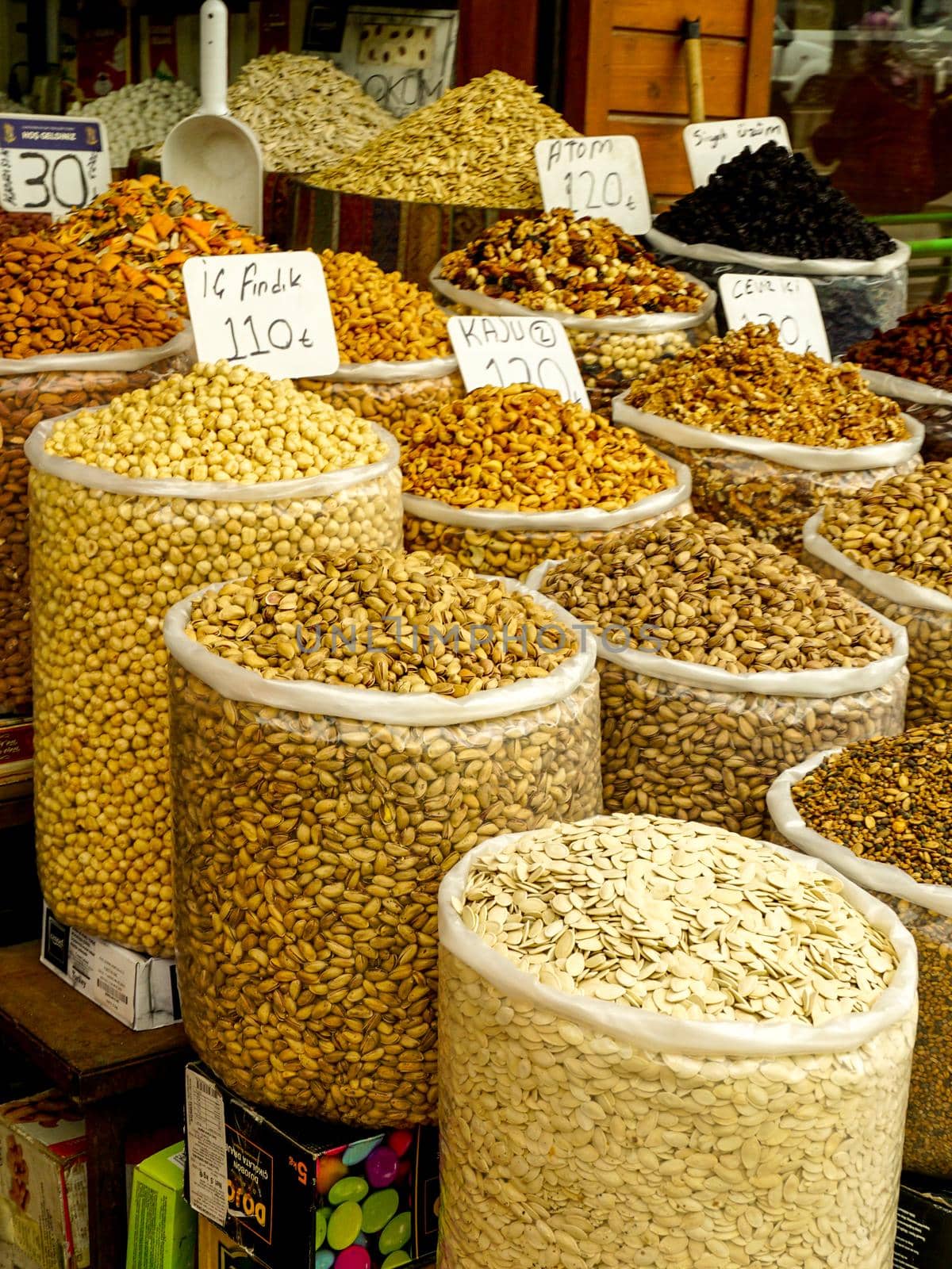 Traditional dried nut sellers in Sanliurfa Turkey on racks