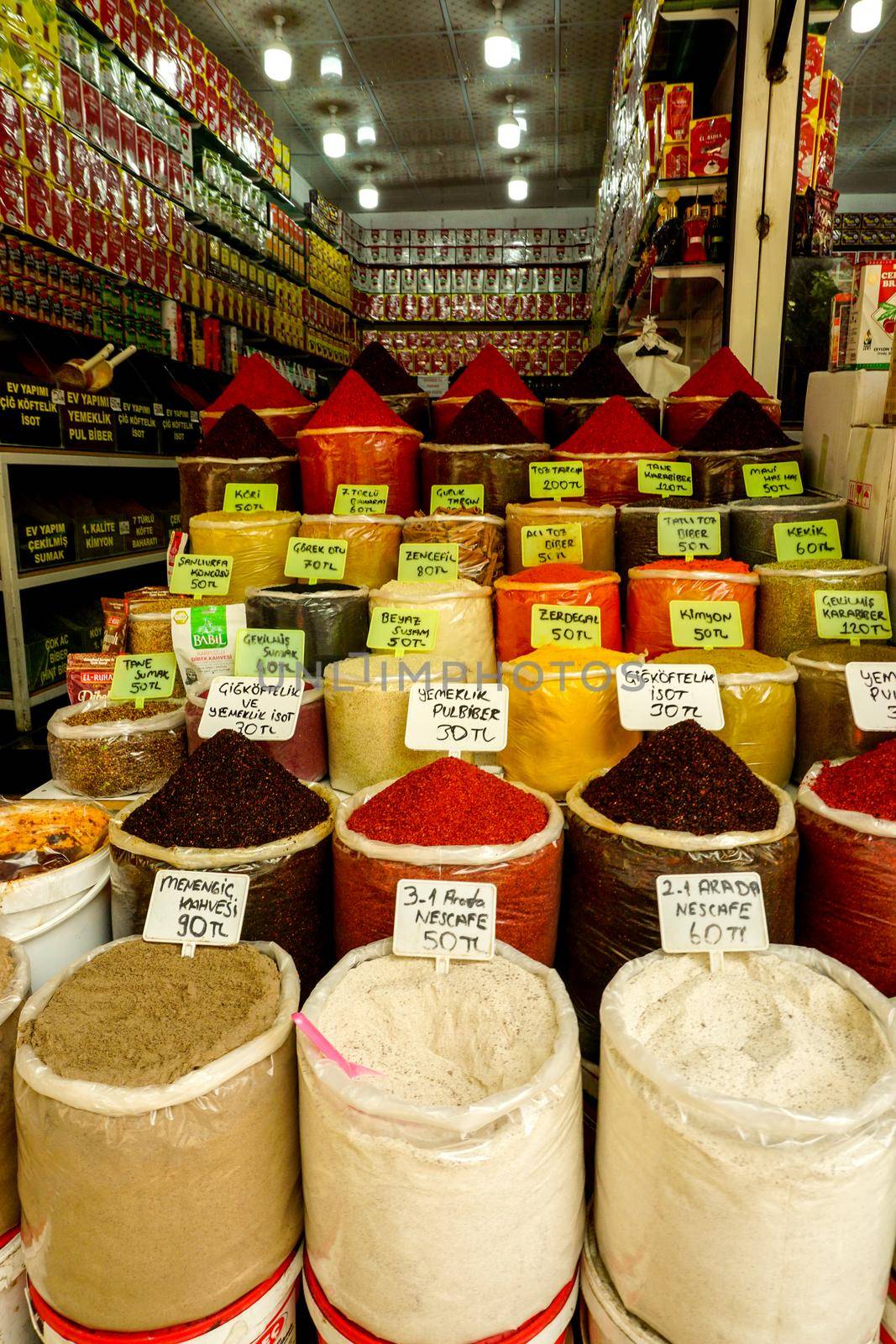 Traditional Spice sellers in Sanliurfa Turkey on racks