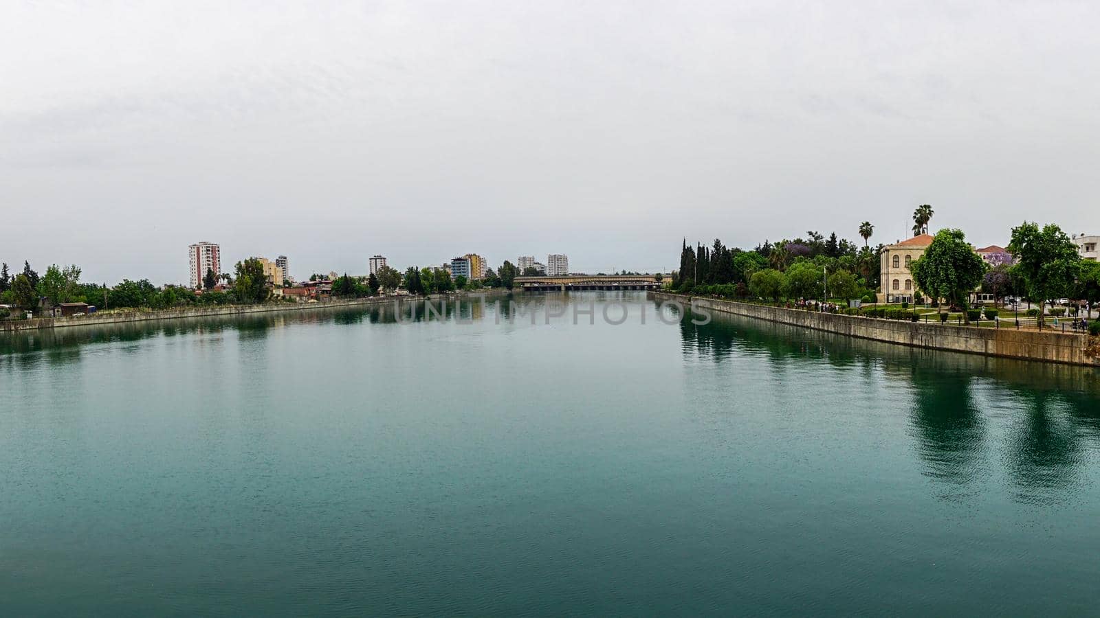 14 May 2022 Adana Turkey. Sabanci mosque and Seyhan river on a cloudy day