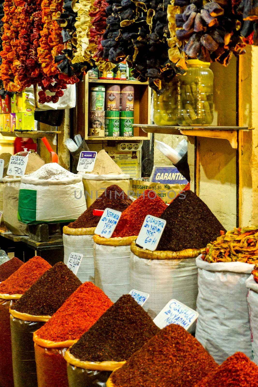 Traditional Spice sellers in Sanliurfa Turkey on racks