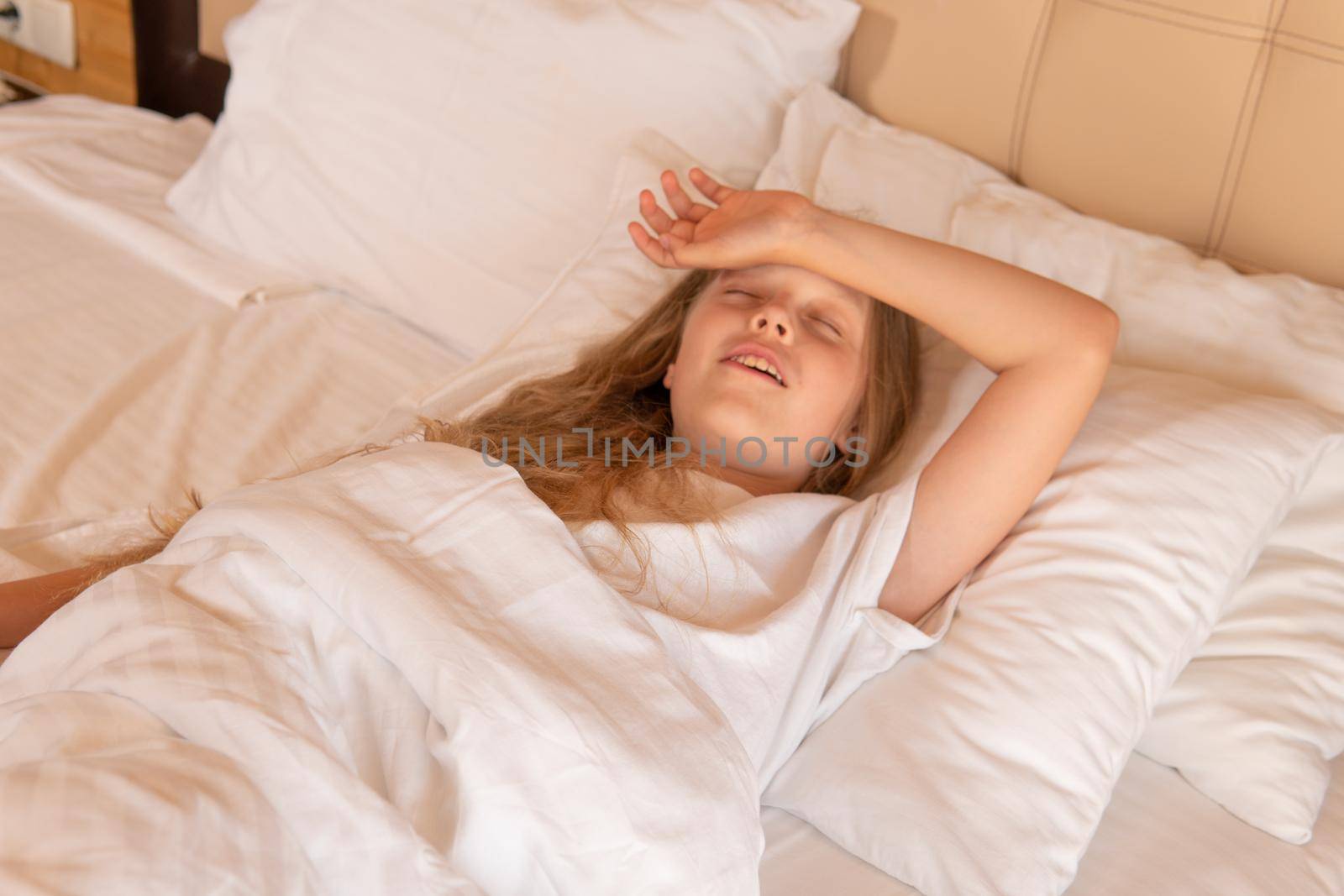 Pain young head phone girl sleep mobile beautiful eyes view, concept bedroom caucasian from dream for home calm, positive healthy. Indoors face breathing,