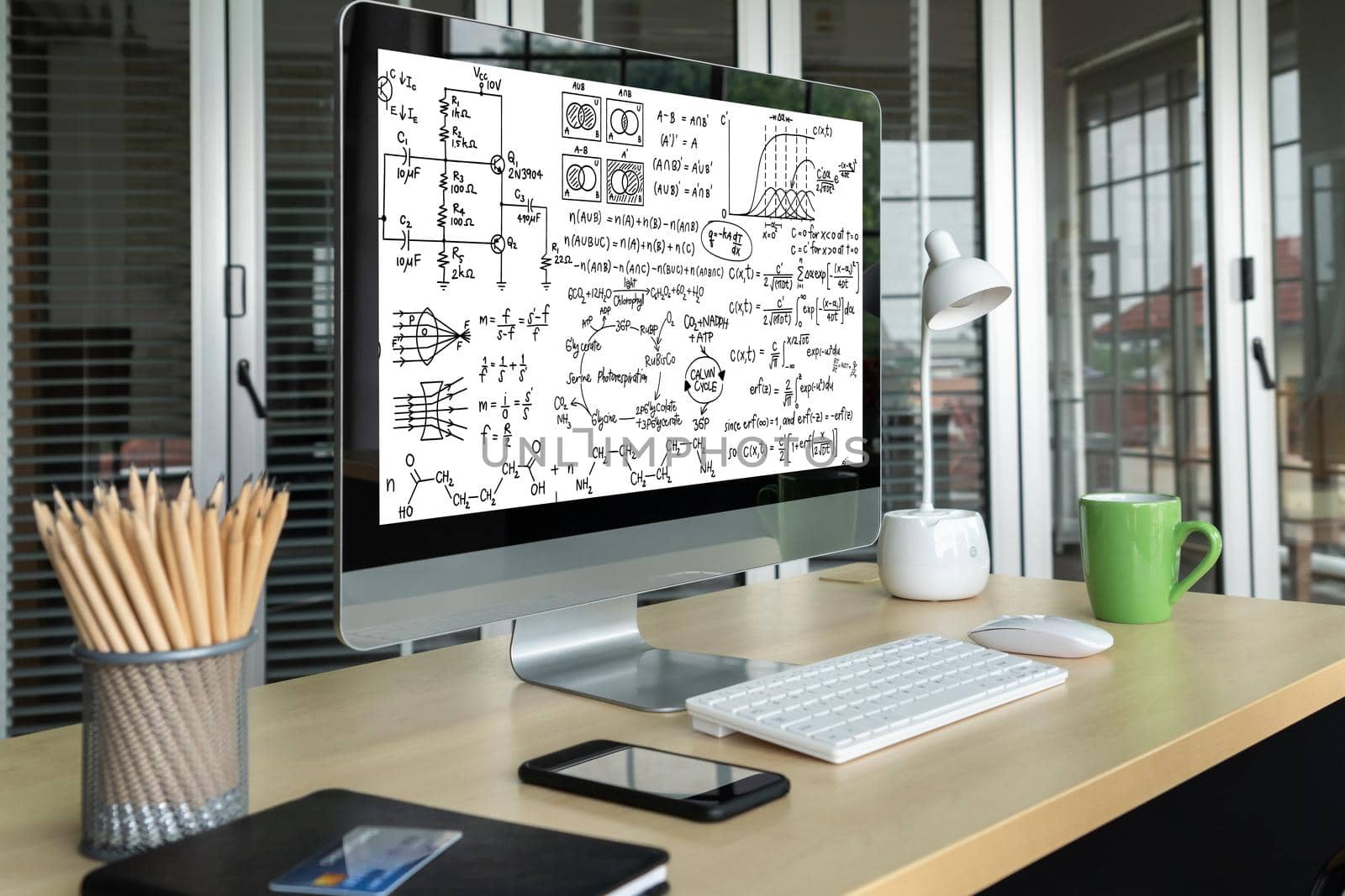 Mathematic equations and modish formula on computer screen by biancoblue