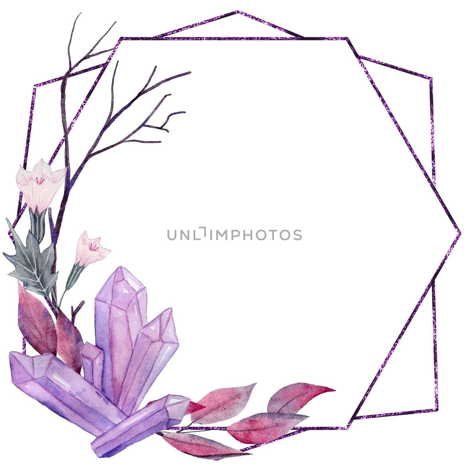 Hand drawn illustration of crystal Halloween mystic magic frame with purple leaves black branches crystals mushrooms. Spooky horror flowers floral invitation elegant mystic design