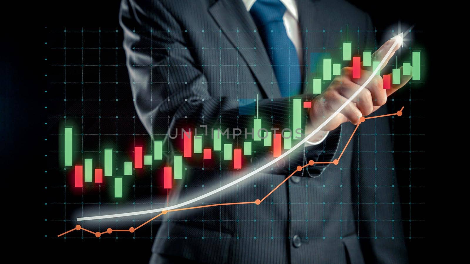 Businessman draw finance allusive graph chart showing business profit growth increasing to future target . Excellent financial status of corporate business rise up . Finance and money technology .