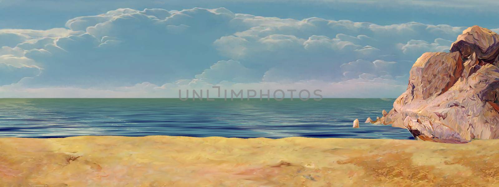 Yellow sandy beach in the lagoon under a blue sky on a sunny day. Digital Painting Background, Illustration.