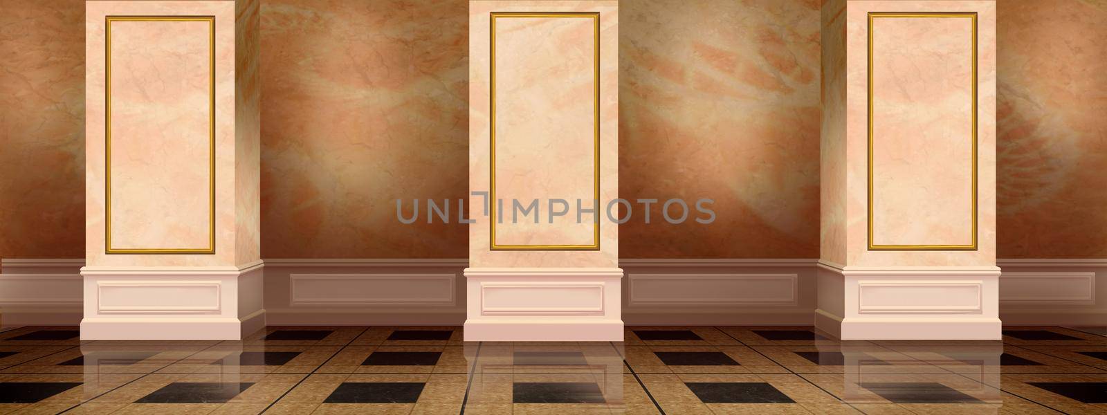 Palace hall interior with columns in retro style. Digital Painting Background, Illustration.